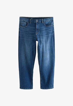 Denim-Jeans in einer mittelblauen Waschung, mit geradem Schnitt, Fünf-Taschen-Design und vorderem Knopfverschluss. Leichte Ausbleichungen an den Oberschenkeln.