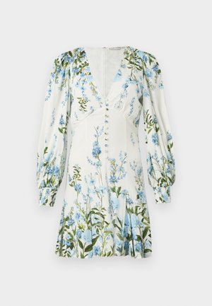 Λευκό μίνι φόρεμα με μπλε λουλουδάτο σχέδιο, μακριά φουσκωτά μανίκια, V-λαιμόκοψη, κουμπιά μπροστά και ελαστικές μανσέτες.