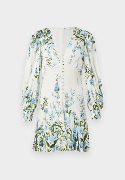Rochie mini albă cu imprimeu floral albastru, mâneci lungi bufante, decolteu în V, nasturi frontali și manșete elastice.