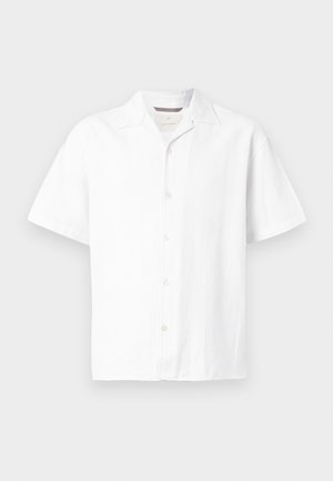 White short-sleeve shirt made of textured fabric. Features a notch collar and five front buttons with a straight hemline. Lightweight design.