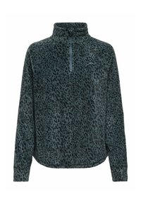 Flis pulover u tamnoj tirkiznoj boji s uzorkom leoparda. Ima polu-zip ovratnik i duge rukave sa opuštenim krojem.