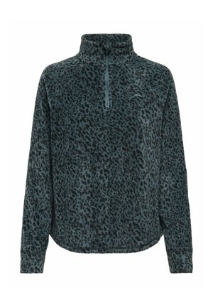 Fleece pullover in dark teal with a leopard print pattern. Features a half-zip collar and long sleeves with a relaxed fit.
