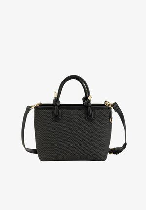 Bolso negro texturizado con dos asas superiores y una correa de hombro desmontable con detalles en hardware de tono dorado.