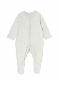 Ljust grå babydräkt med tunna vertikala ränder, med långa ärmar, knäppning fram och inneslutna fötter för värme.