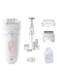 Épilateur avec plusieurs embouts, y compris des têtes de tondeuse, un rasoir de précision, des peignes, une brosse de nettoyage et une pochette de rangement sur fond blanc.