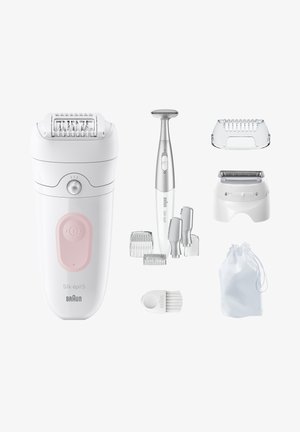 Épilateur avec plusieurs embouts, y compris des têtes de tondeuse, un rasoir de précision, des peignes, une brosse de nettoyage et une pochette de rangement sur fond blanc.