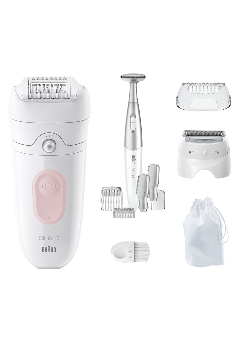 Épilateur avec plusieurs embouts, y compris des têtes de tondeuse, un rasoir de précision, des peignes, une brosse de nettoyage et une pochette de rangement sur fond blanc.