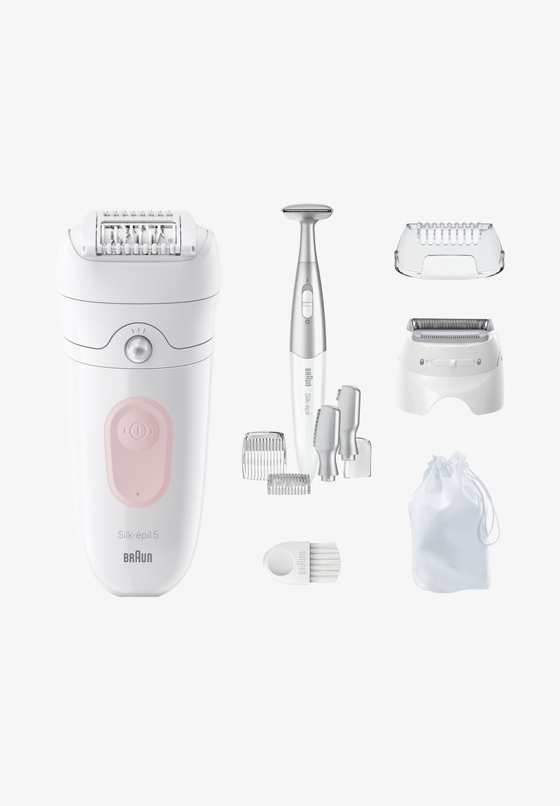 Épilateur avec plusieurs embouts, y compris des têtes de tondeuse, un rasoir de précision, des peignes, une brosse de nettoyage et une pochette de rangement sur fond blanc.