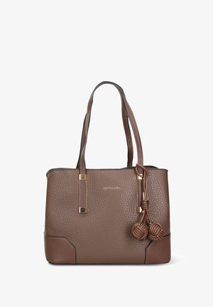 Sac cabas en cuir marron texturé avec deux poignées, accents en métal doré et détails décoratifs en forme de nœud. Présente un design épuré avec une base lisse.