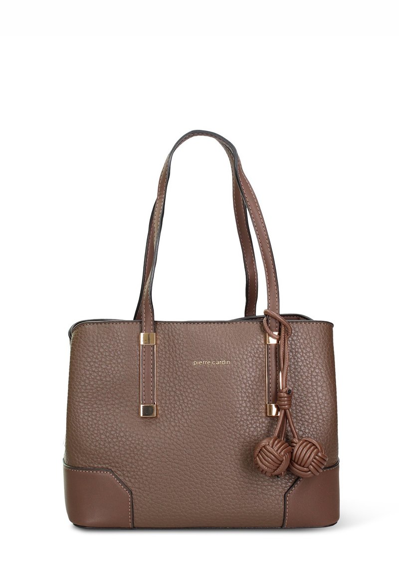 Bruine, getextureerde leren totebag met twee handvatten, gouden hardware-accenten en decoratieve knoopdetails. Heeft een stevig design met een gladde basis.