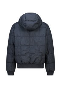 Gewatteerd jack, donkerblauw, met capuchon. Voorzien van een doorgestikt patroon, elastische boorden en zoom, en een rubberen logo-accent op de mouw.