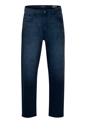 Mørkeblå denimjeans med rett snitt, fem lommer, subtil falming og en jevn tekstur, med en foran knapp og glidelås lukking.