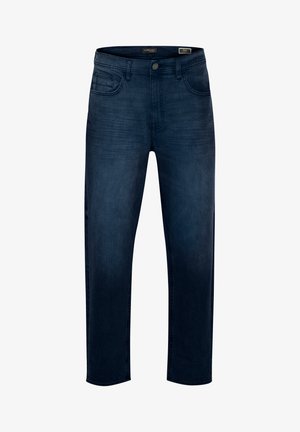 Dark blue denim jeans with a straight cut, five pockets, subtle fading, and a smooth texture, featuring a front button and zipper closure.
