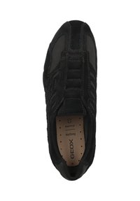 Black shoe made of suede and synthetic materials, featuring a lace-up design, reinforced stitching, and perforated details for breathability.