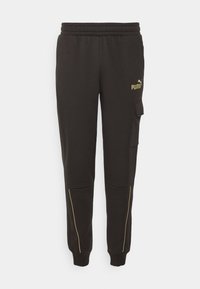 Černé tepláky vyrobené z měkké tkaniny, s elastickým pasem na šňůrku, cargo kapsou a zlatými akcenty podél nohavic. Zobrazené logo PUMA.
