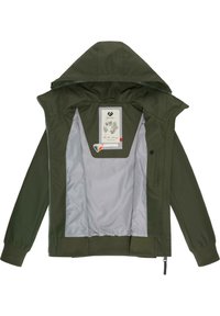 Oliwkowa kurtka z kapturem, zapinana na zamek, z elastycznymi mankietami i dołem, oraz jasnoszarym wnętrzem z podszewką, zawierająca metkę i dekoracyjne grafiki.