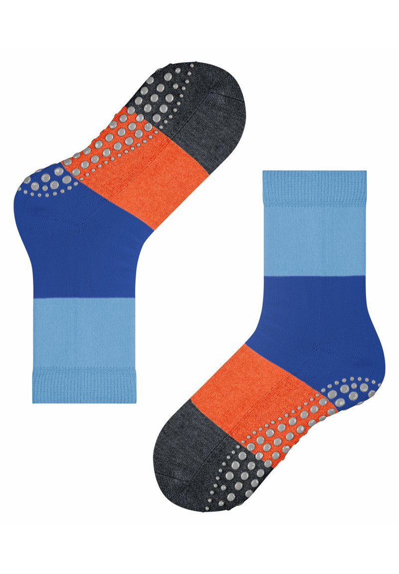 Calzini colorati con sezioni blu, arancioni e grigie, dotati di una suola grip testurizzata a pois per una maggiore aderenza.