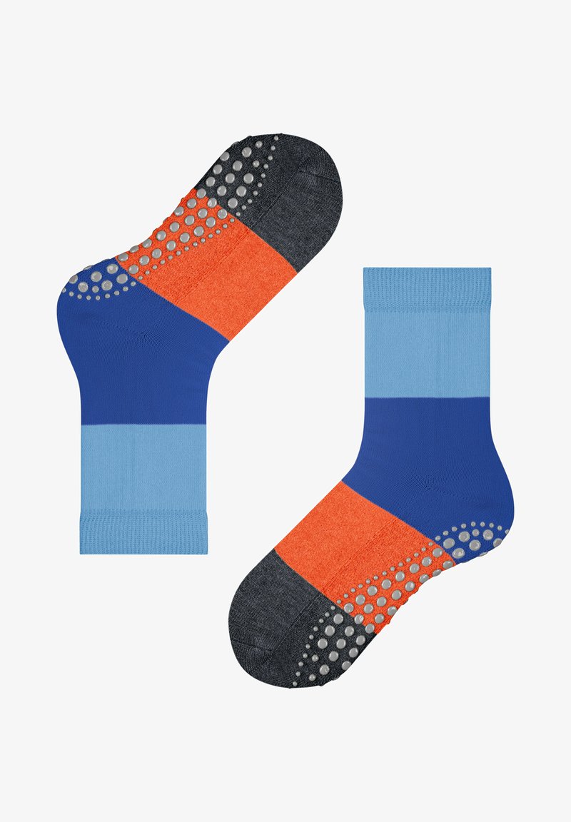 Calzini colorati con sezioni blu, arancioni e grigie, dotati di una suola grip testurizzata a pois per una maggiore aderenza.