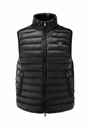 Gilet nero trapuntato senza maniche con collo alto, zip frontale, tasche laterali con zip e piccolo patch logo in tessuto sul petto.