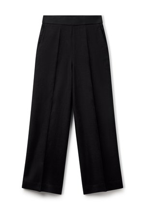 Pantalones negros de talle alto y pierna ancha con pliegues frontales y bolsillos laterales, exhibidos sobre un fondo blanco.