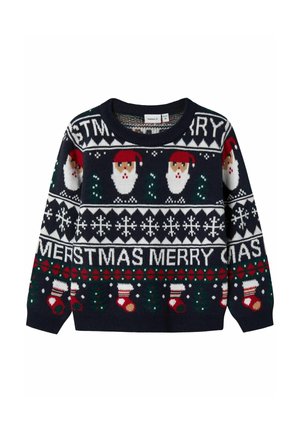 Pull de Noël bleu marine avec des visages du Père Noël, des flocons de neige, des sapins, des chaussettes, des couronnes et un motif de texte "JOYEUX NOËL".