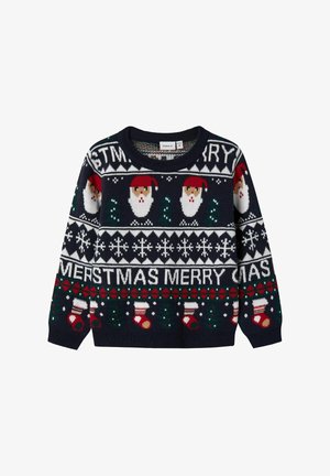 Marineblauwe kersttrui met gezichten van de Kerstman, sneeuwvlokken, bomen, kousen, kransen en het tekstpatroon "FIJNE KERSTDAGEN".