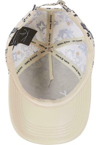 Beige baseballcaps med mønstrede indre for. Justerbar rem og logo-detaljer indeni. Flad skygge og tekstureret stof.