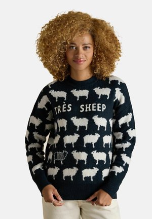 Woman with curly hair wearing a navy sweater patterned with white sheep and the text "TRÈS SHEEP," paired with light-colored pants.