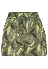 Shorts verdi a motivo foglia con design a vita alta regolabile e elastico, caratterizzati da una combinazione di tonalità verde scuro e oliva chiaro.