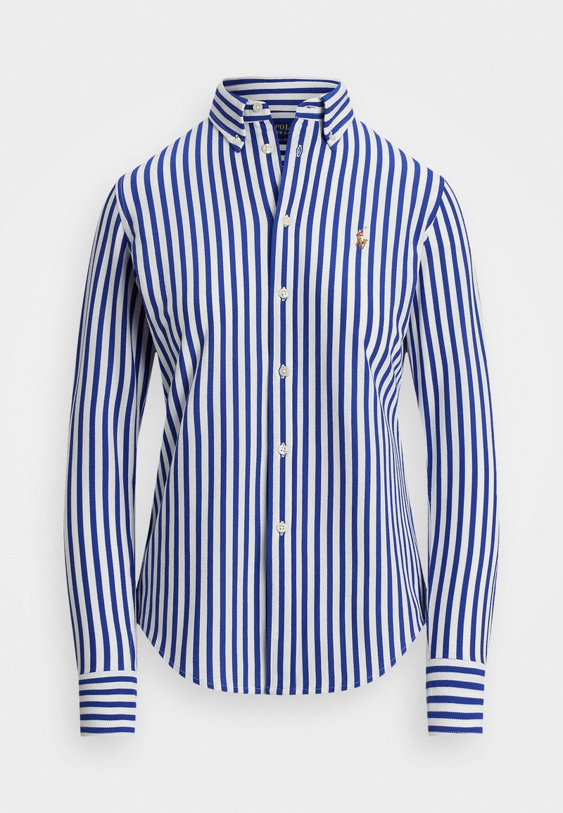 Blå och vit randig långärmad skjorta med knapp-down-krage, som har en liten broderad logotyp på bröstet och knäppning.