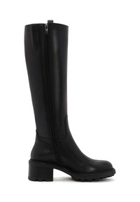 Zwarte leren kniehoge laarzen hebben een zijrits, een chunky hak en een gestructureerde zool voor extra grip. Gladde afwerking met minimale accenten.