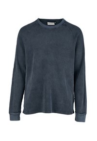 Camisa de manga larga de color azul marino hecha de tela texturizada. Presenta un cuello redondo y puños acanalados con un corte relajado y mangas raglán.