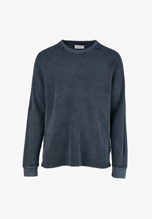 Camisetta a manica lunga blu navy realizzata in tessuto testurizzato. Caratterizzata da un collo a giro e polsini a coste, con una vestibilità rilassata e maniche raglan.