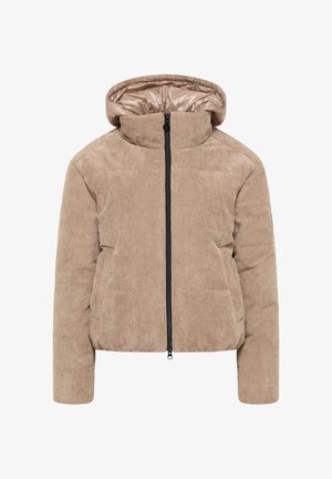 Beige Kord-Pufferjacke mit hohem Kragen, Reißverschluss und zwei Vordertaschen. Hat ein glänzendes, kontrastierendes Innenfutter.