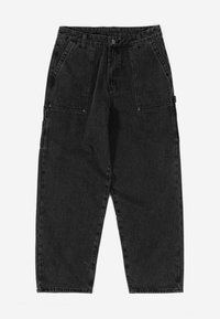 Juodi džinsiniai cargo tipo kelnės su aukštu liemeniu, siaurėjančiomis kojomis, dviem priekiniams kišenėms ir sustiprintais siūlėmis, turinčios minkštą, tekstūrinį paviršių.