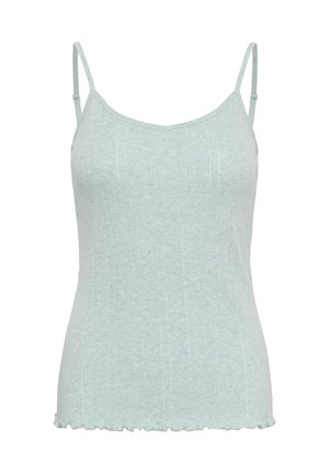 Svetlo modra rebrasta pletena majica brez rokavov s tankimi nastavljivimi naramnicami in subtilnim valovitim robom.