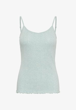 Jasnoniebieska prążkowana dzianinowa halka z cienkimi, regulowanymi ramiączkami i subtelnym, falowanym wykończeniem.