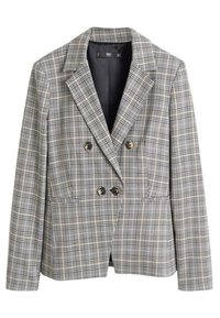 Šedý dvouřadý blazer s černo-krémovým kostkovaným vzorem. Obsahuje široké klopy, dvě přední kapsy a kulaté černé knoflíky.