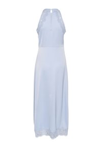 Robe midi bleu clair sans manches avec bordure en dentelle sur les épaules et l'ourlet, dotée d'un décolleté en trou de serrure et d'une taille ajustée.