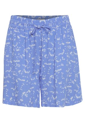 Lichtblauwe shorts van zacht materiaal met een wit bloemenpatroon, een elastische tailleband met een trekkoord en een relaxte pasvorm.