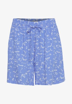 Heledad sinised lühikesed püksid pehmest kangast, millel on valge lillemustriga, elastne vöökoht ja lõdvestatud istuvus.