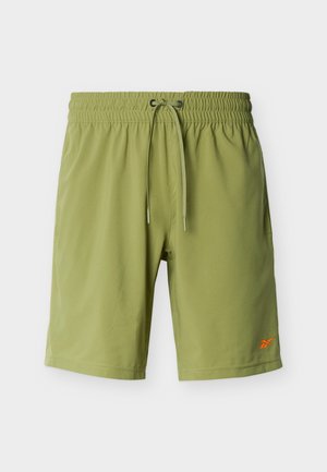 Pantaloncini da uomo verde chiaro con vita elasticizzata e coulisse, tasche laterali e piccolo logo arancione sull'orlo sinistro.