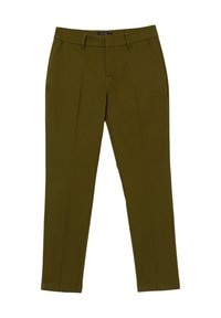 Pantaloni verde oliva con fit sartoriale, dotati di tasche frontali, design a piano, dettagli delle pieghe e texture del tessuto liscia.