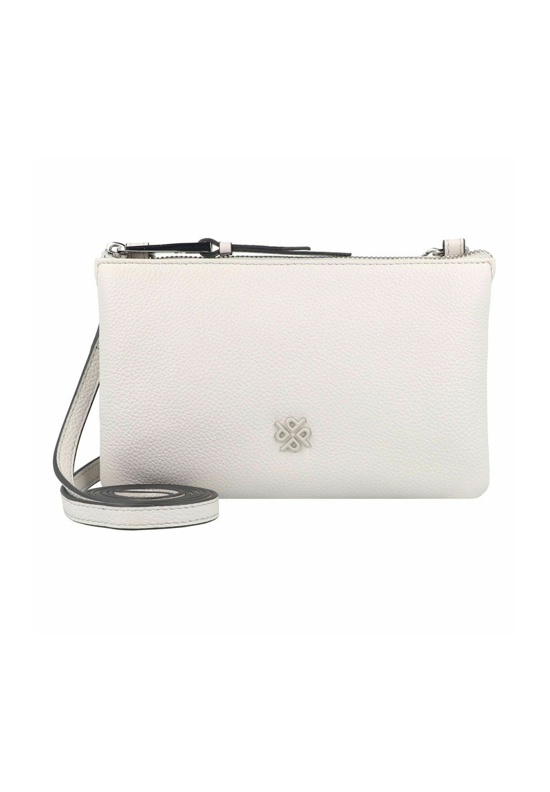 Witte leren clutch met een gestructureerde afwerking, ritsluiting en een decoratief geaccentueerd logo. Voorzien van een slanke, afneembare schouderband.