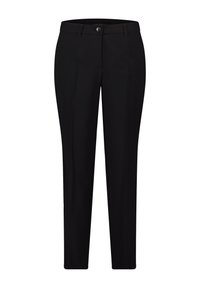 Čierne dômyselne strihané nohavice so rovnou nohou, mierne lesklé, s prednými vreckami a zapínaním na gombík. Hladká tkanina s lesklým vzhľadom.