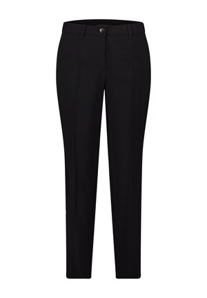 Schwarze, maßgeschneiderte Hose mit geradem Bein, dezentem Glanz, Eingrifftaschen und Knopfverschluss. Glattes Material mit gepflegtem Aussehen.
