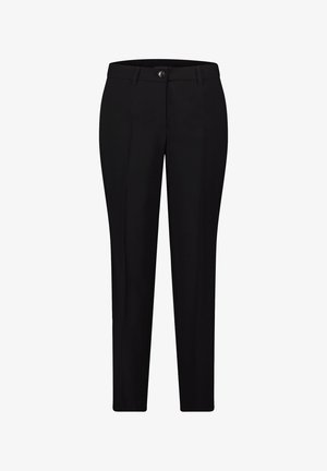 Black tailored trousers with a straight leg, slight sheen, front pockets, and a button closure. Smooth fabric with a polished appearance.