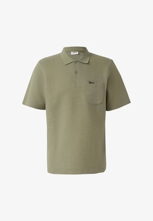 Korte mouw polo in olijfgroen met gestructureerde stof, tweeknoopssluiting en een klein zakje op de linkerborst.