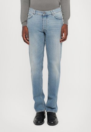 Light blue denim jeans with a straight cut, five-pocket design, faded areas, and a classic button closure at the front.