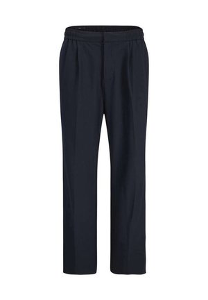 Marineblå bukser med lige ben, elastisk linning og forreste læg, designet til komfort og afslappet brug.